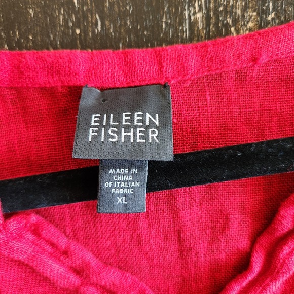 Eileen Fisher 100% Linen Top Red Womens XL Semi Sheer Minimalist Mandarin Button - Picture 4 of 12